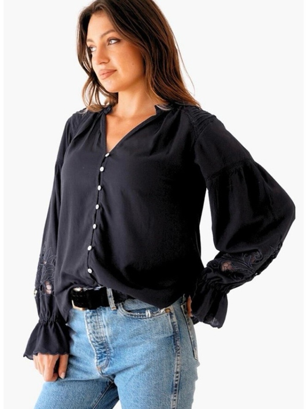 Panero Black Long-Sleeve Peasant Blouse